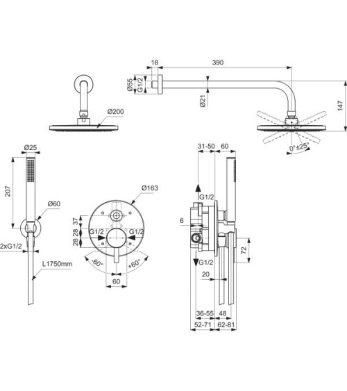 Ideal Standard Ceraline potinkinės dušo sistemos komplektas (pasirinkite spalvą)