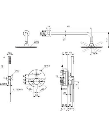 Ideal Standard Ceraline potinkinės dušo sistemos komplektas (pasirinkite spalvą)
