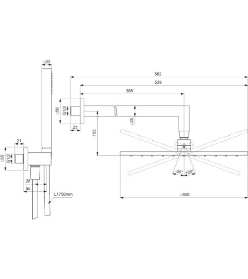 Ideal Standard Ceratherm potinkinio dušo komplektas, kvadratinė 300 mm lietaus galva, be maišytuvo