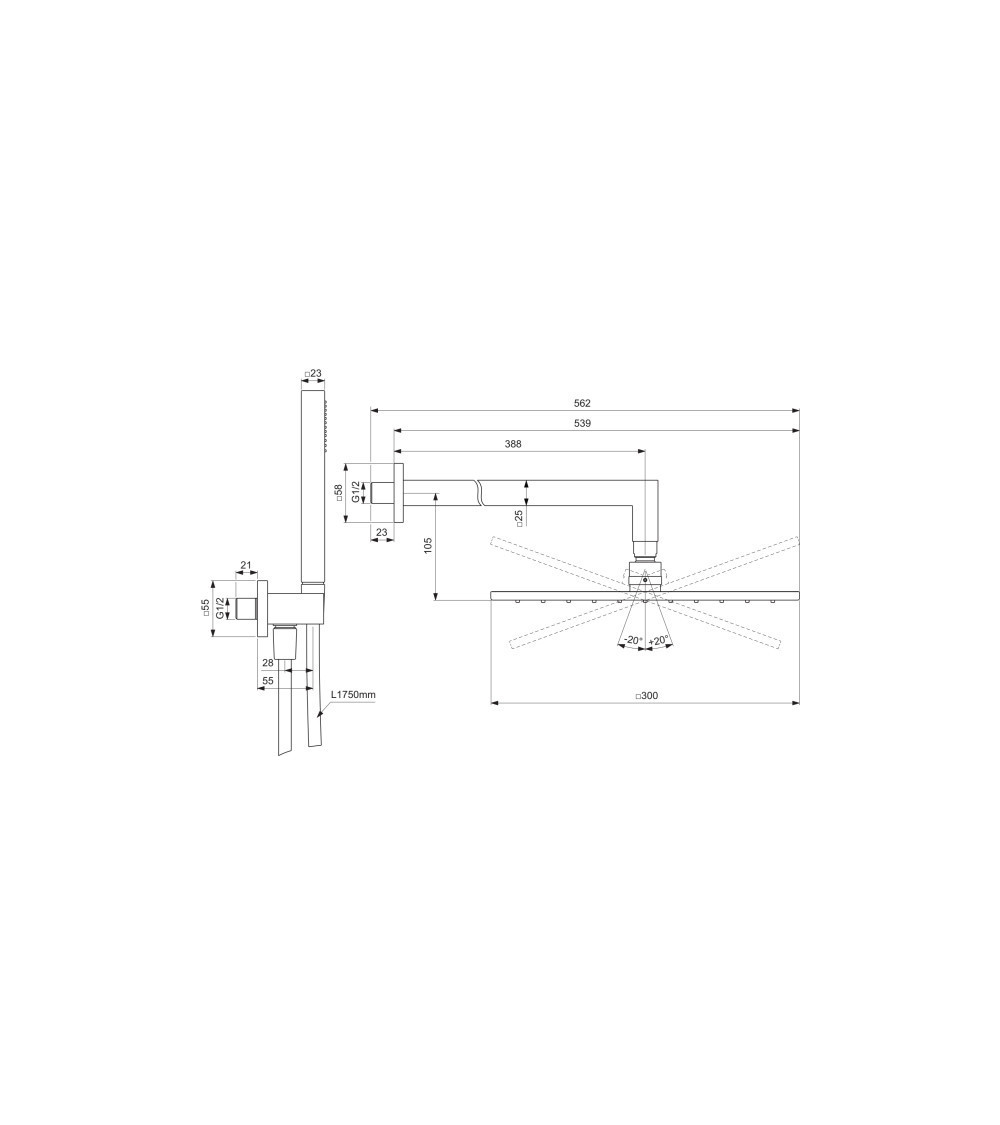 Ideal Standard Ceratherm potinkinio dušo komplektas, kvadratinė 300 mm lietaus galva, be maišytuvo