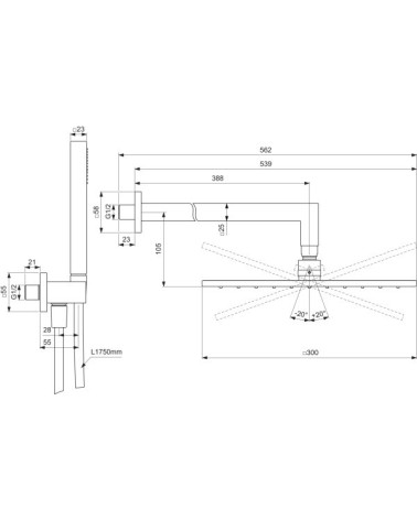 Ideal Standard Ceratherm potinkinio dušo komplektas, kvadratinė 300 mm lietaus galva, be maišytuvo
