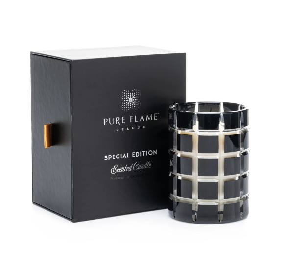 Ypatingai kvepianti žvakė PURE FLAME Deluxe ENCENS BOIS PRÉCIEUX CRYSTAL BLACK EDITION, 350g