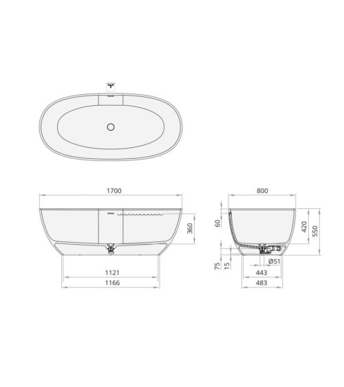 PAA BELLA Laisvai pastatoma vonia, Silkstone 170x80cm