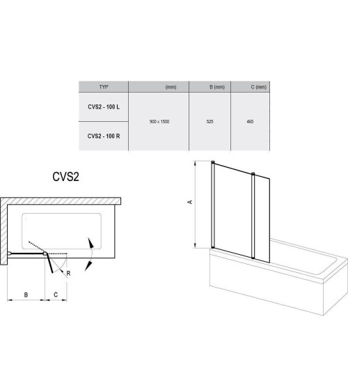 Ravak CVS2-100 vonios sienelė 100x150cm