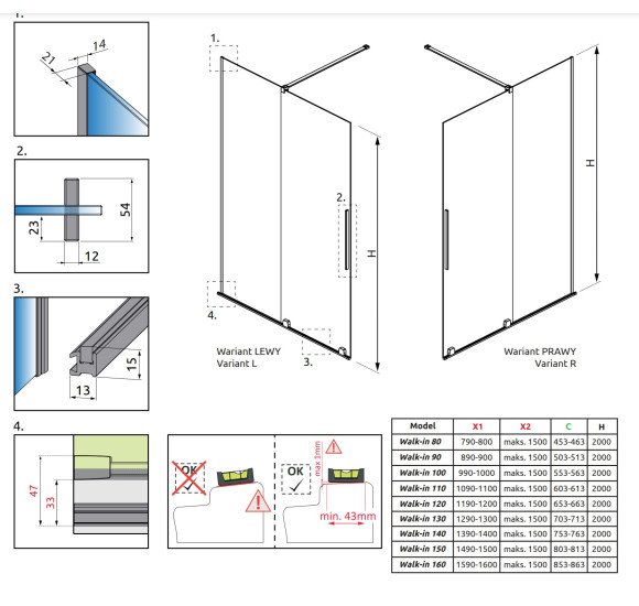 Radaway Furo Black Walk in stumdoma dušo pertvara 100-160cm
