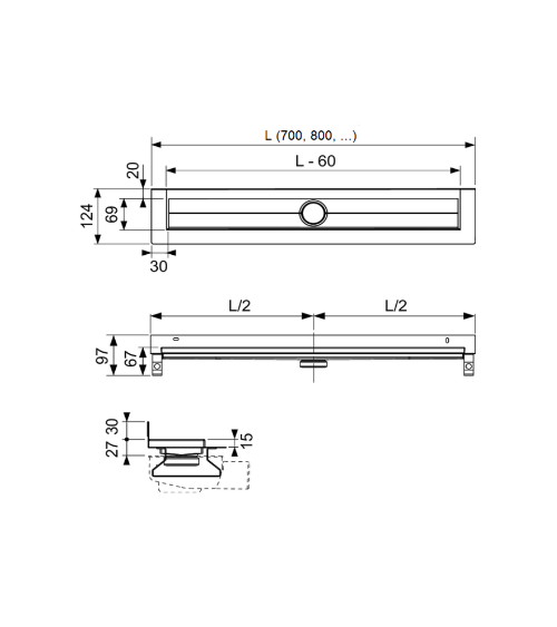 TECElinus dušo latako komplektas, montuojamas prie sienos, pasirinkite dydį