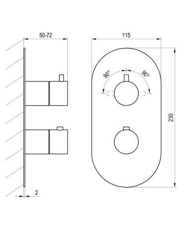 Ravak Espirit termostatinis potinkinis vonios/dušo maišytuvas, 2 krypčių su jungikliu, be korpuso, pasirinkite spalvą