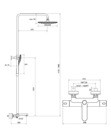 TE 092.20BL Dušo stovas Termo 300, su termostatiniu vonios maišytuvu, pasirinkite spalvą