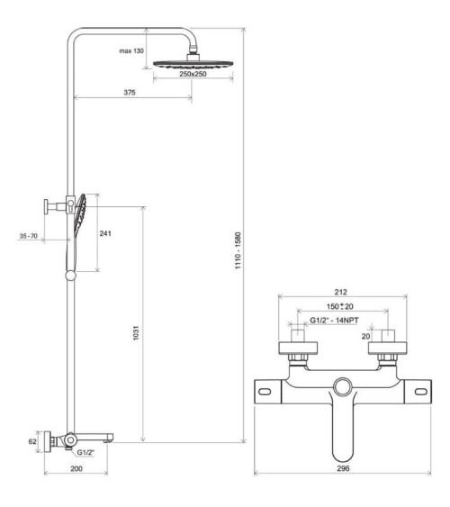 TE 092.20BL Dušo stovas Termo 300, su termostatiniu vonios maišytuvu, pasirinkite spalvą