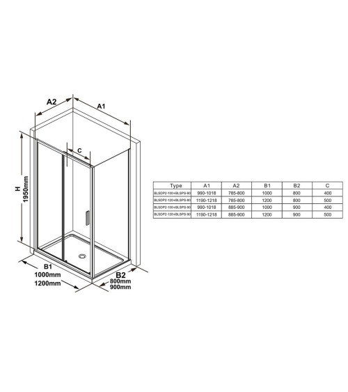 Ravak dušo komplektas Blix Slim 100x80, chromo spalvos profiliai, pasirenkama pusė