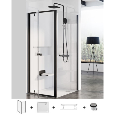 Ravak Pivot PDOP1 + PPS dušo komplektas 5in1, 90x90, juodos spalvos profiliai