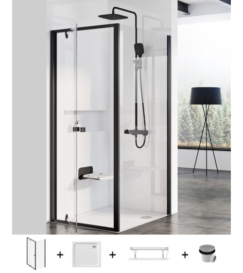 Ravak Pivot PDOP1 + PPS dušo komplektas 5in1, 90x90, juodos spalvos profiliai