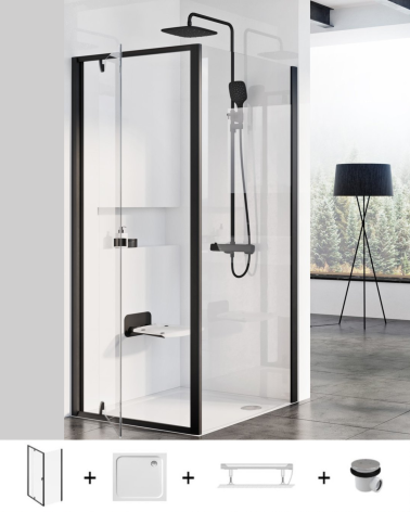Ravak Pivot PDOP1 + PPS dušo komplektas 5in1, 90x90, juodos spalvos profiliai