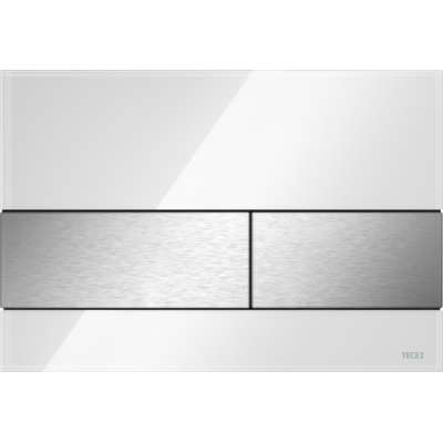 TECEsquare dvigubas vandens nuleidimo klavišas (baltas stiklas, klavišai matinio nerūdijančio plieno spalvos)