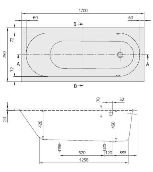 Villeroy&Boch Quaryl® Oberon stačiakampė Vonia 170x75cm, su kojelėmis
