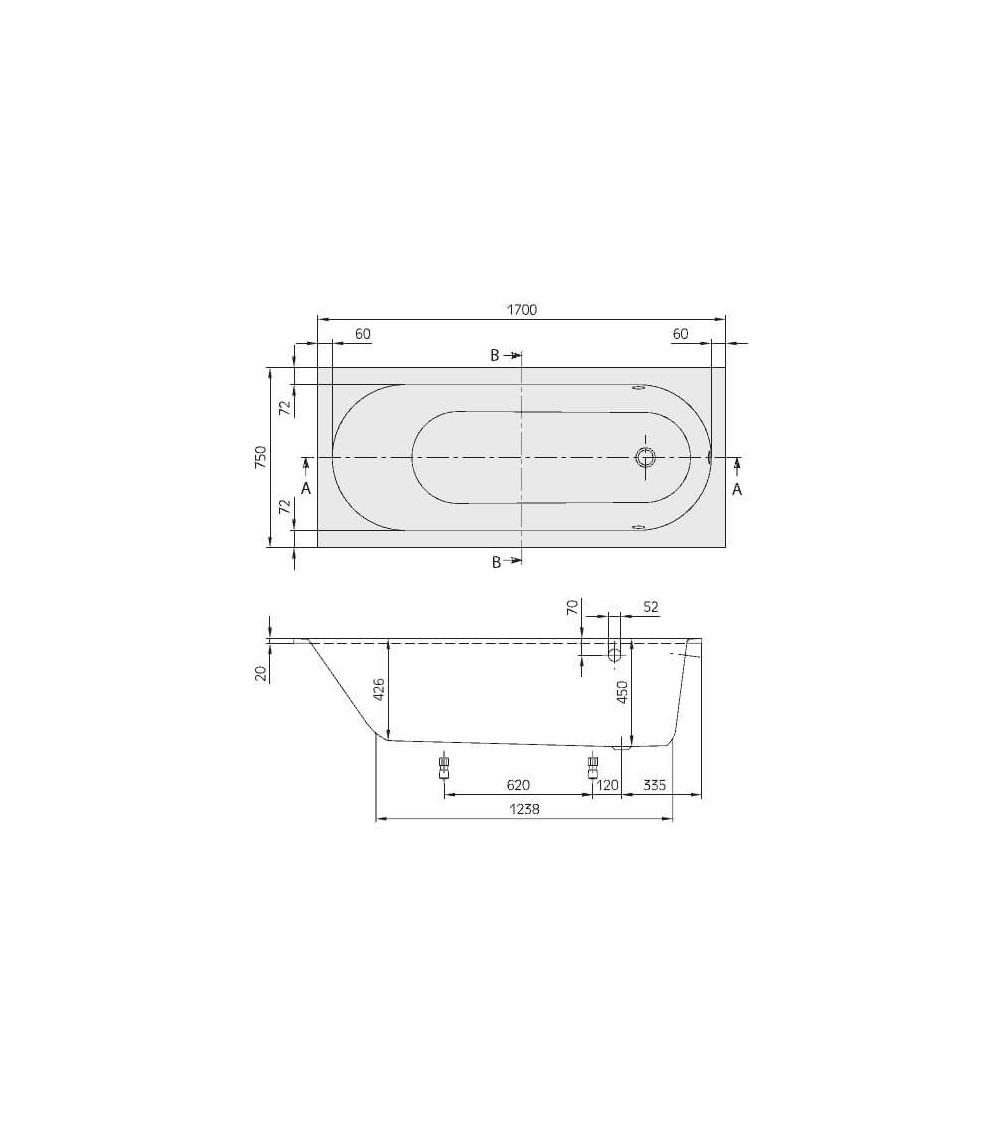 Villeroy&Boch Quaryl® Oberon stačiakampė Vonia 170x75cm, su kojelėmis