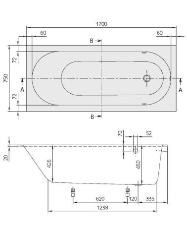 Villeroy&Boch Quaryl® Oberon stačiakampė Vonia 170x75cm, su kojelėmis