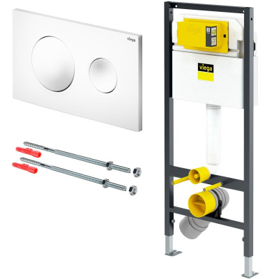 Viega PreVista Dry potinkinis klozeto rėmas su baltu mygtuku ir tvirtinimo elementais