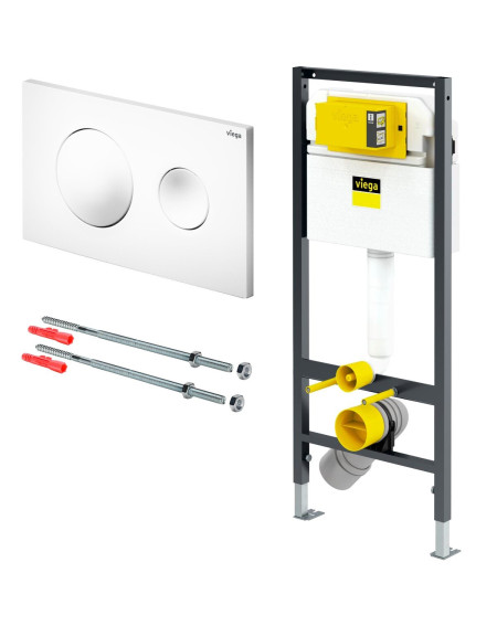 Viega PreVista Dry potinkinis klozeto rėmas su baltu mygtuku ir tvirtinimo elementais