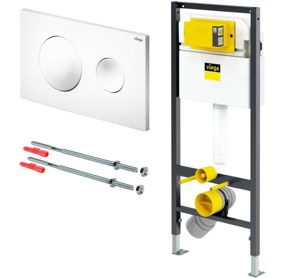 Viega PreVista Dry potinkinis klozeto rėmas su baltu mygtuku ir tvirtinimo elementais