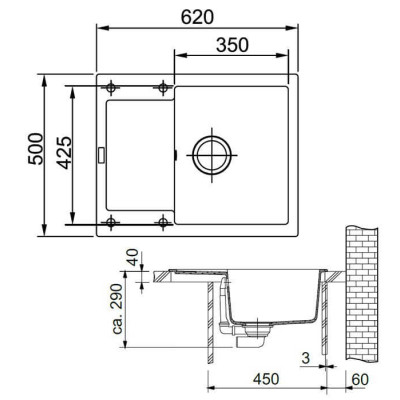 Franke  MRG 611-62 granitinė plautuvė, montuojama ant stalviršio, eksentrinis ventilis, nerūdijančio plieno rankenėlė