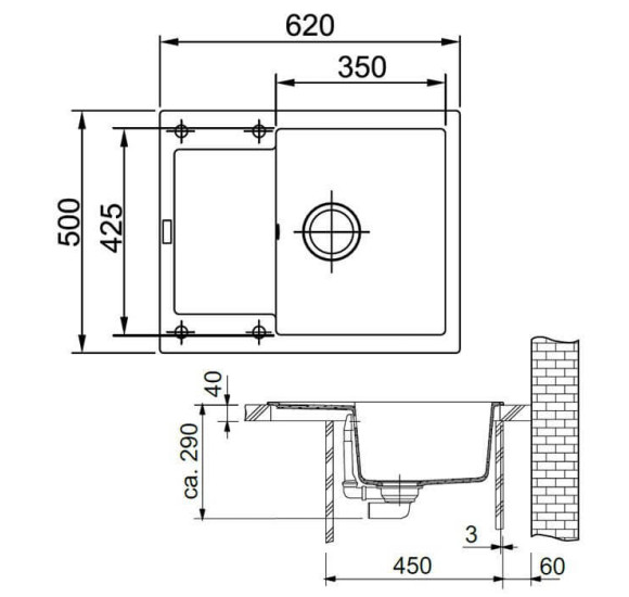 Franke  MRG 611-62 granitinė plautuvė, montuojama ant stalviršio, eksentrinis ventilis, nerūdijančio plieno rankenėlė