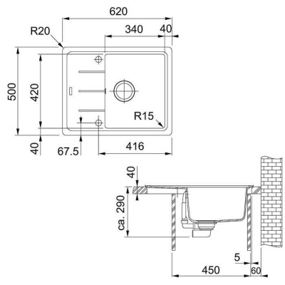 Franke BFG 611-62 granitinė plautuvė, eksentrinis ventilis, nerūdijančio plieno rankenėlė ir perlaja