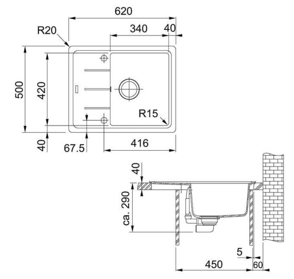 Franke BFG 611-62 granitinė plautuvė, eksentrinis ventilis, nerūdijančio plieno rankenėlė ir perlaja