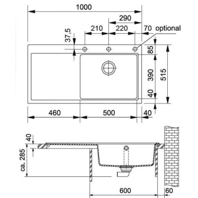 Franke MTG 611 plautuvė, dubuo kairėje, montuojama ant stalviršio, eksentrinis ventilis, nerūdijančio plieno mygtukas