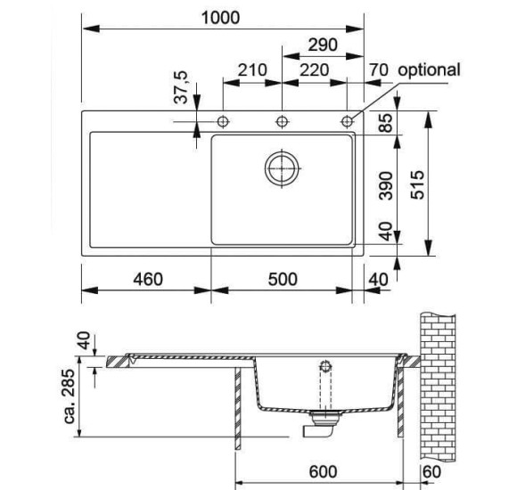 Franke MTG 611 plautuvė, dubuo kairėje, montuojama ant stalviršio, eksentrinis ventilis, nerūdijančio plieno mygtukas