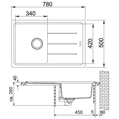 Franke BFG 611 granitinė plautuvė, eksentrinis ventilis, nerūdijančio plieno rankenėlė ir perlaja