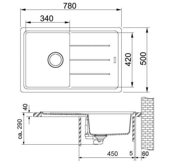 Franke BFG 611 granitinė plautuvė, eksentrinis ventilis, nerūdijančio plieno rankenėlė ir perlaja