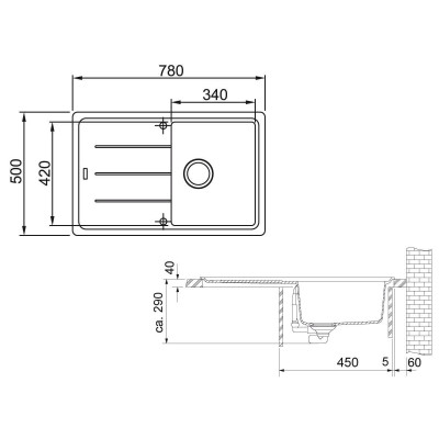 Franke BFG 611 granitinė plautuvė, eksentrinis ventilis, nerūdijančio plieno rankenėlė ir perlaja