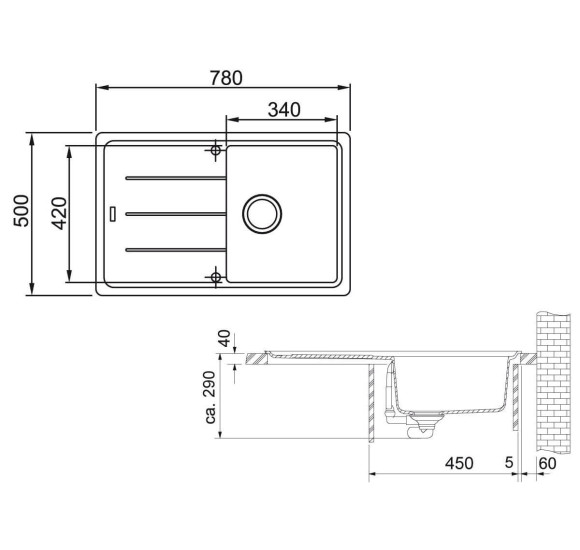 Franke BFG 611 granitinė plautuvė, eksentrinis ventilis, nerūdijančio plieno rankenėlė ir perlaja
