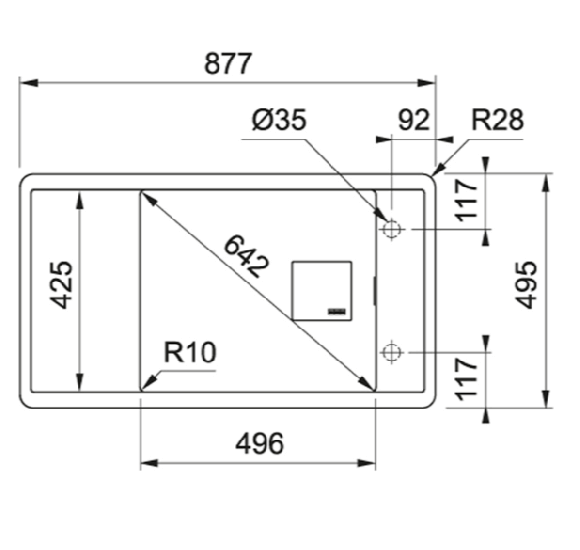 Franke FSG 611-88 akmens masės plautuvė, montuojama ant stalviršio, eksentrinis ventilis, nerūdijančio plieno mygtukas