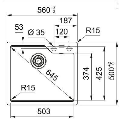 Franke UBG 610-56 akmens masės plautuvė, eksentrinis ventilis, nerūdijančio plieno rankenėlė ir perlaja