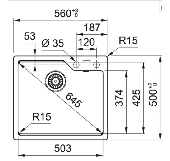 Franke UBG 610-56 akmens masės plautuvė, eksentrinis ventilis, nerūdijančio plieno rankenėlė ir perlaja