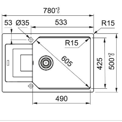 Franke UBG 611-78 XL akmens masės plautuvė, eksentrinis ventilis, nerūdijančio plieno rankenėlė ir perlaja
