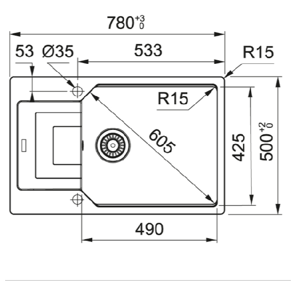 Franke UBG 611-78 XL akmens masės plautuvė, eksentrinis ventilis, nerūdijančio plieno rankenėlė ir perlaja