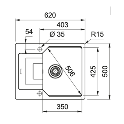 Franke UBG 611-62 granitinė plautuvė, eksentrinis ventilis, nerūdijančio plieno rankenėlė ir perlaja