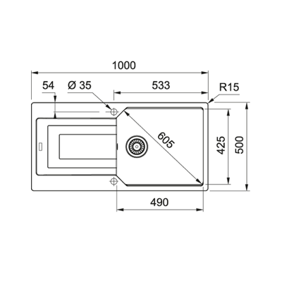 Franke UBG 611-100 plautuvė, eksentrinis ventilis, nerūdijančio plieno rankenėlė ir perlaja