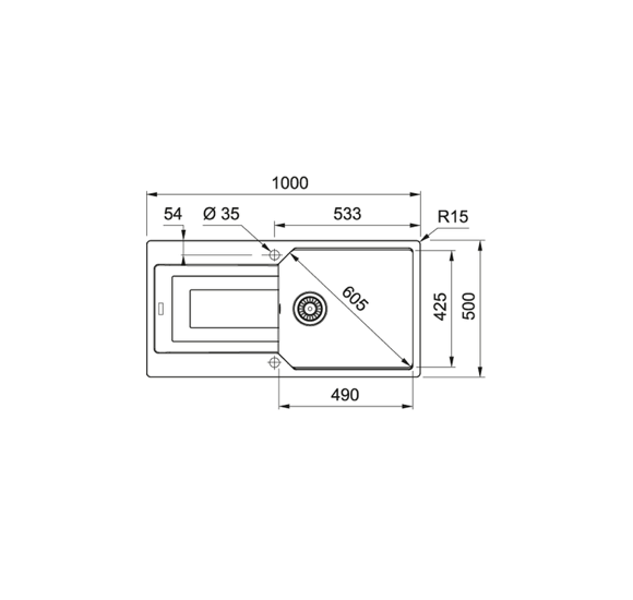Franke UBG 611-100 plautuvė, eksentrinis ventilis, nerūdijančio plieno rankenėlė ir perlaja