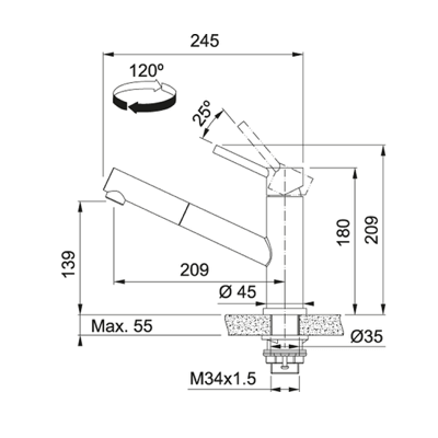 FRANKE ORBIT maišytuvas su nerūdijančio plieno korpusu ir ištraukiama žarna