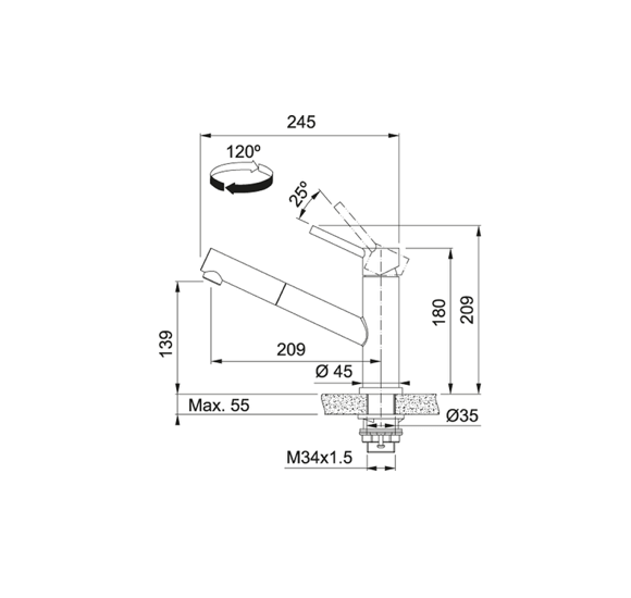 FRANKE ORBIT maišytuvas su nerūdijančio plieno korpusu ir ištraukiama žarna
