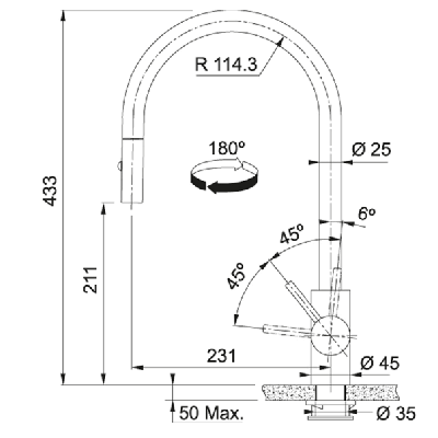 Franke maišytuvas plautuvei EOS-NEO su nerūdijančio plieno korpusu ir ištraukiama žarna-dušeliu