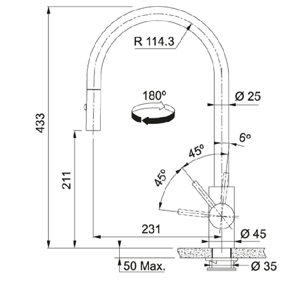 Franke maišytuvas plautuvei EOS-NEO su nerūdijančio plieno korpusu ir ištraukiama žarna-dušeliu