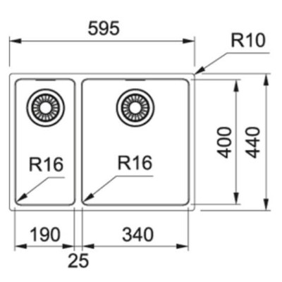 Franke MRX 160-34-19 Nerūdijančio plieno plautuvė, montuojama po stalviršiu, užkemšamas ventilis