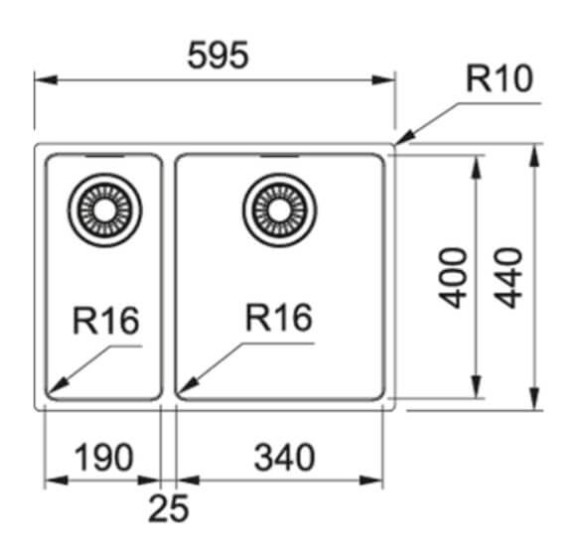 Franke MRX 160-34-19 Nerūdijančio plieno plautuvė, montuojama po stalviršiu, užkemšamas ventilis