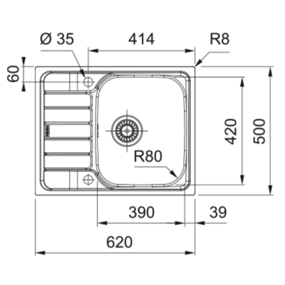 Franke SKX 611-62 nerūdijančio plieno plautuvė, ekscentrinis ventilis