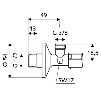 Kampinis ventilis Schell  1/2 į 3/8, chromo sp.